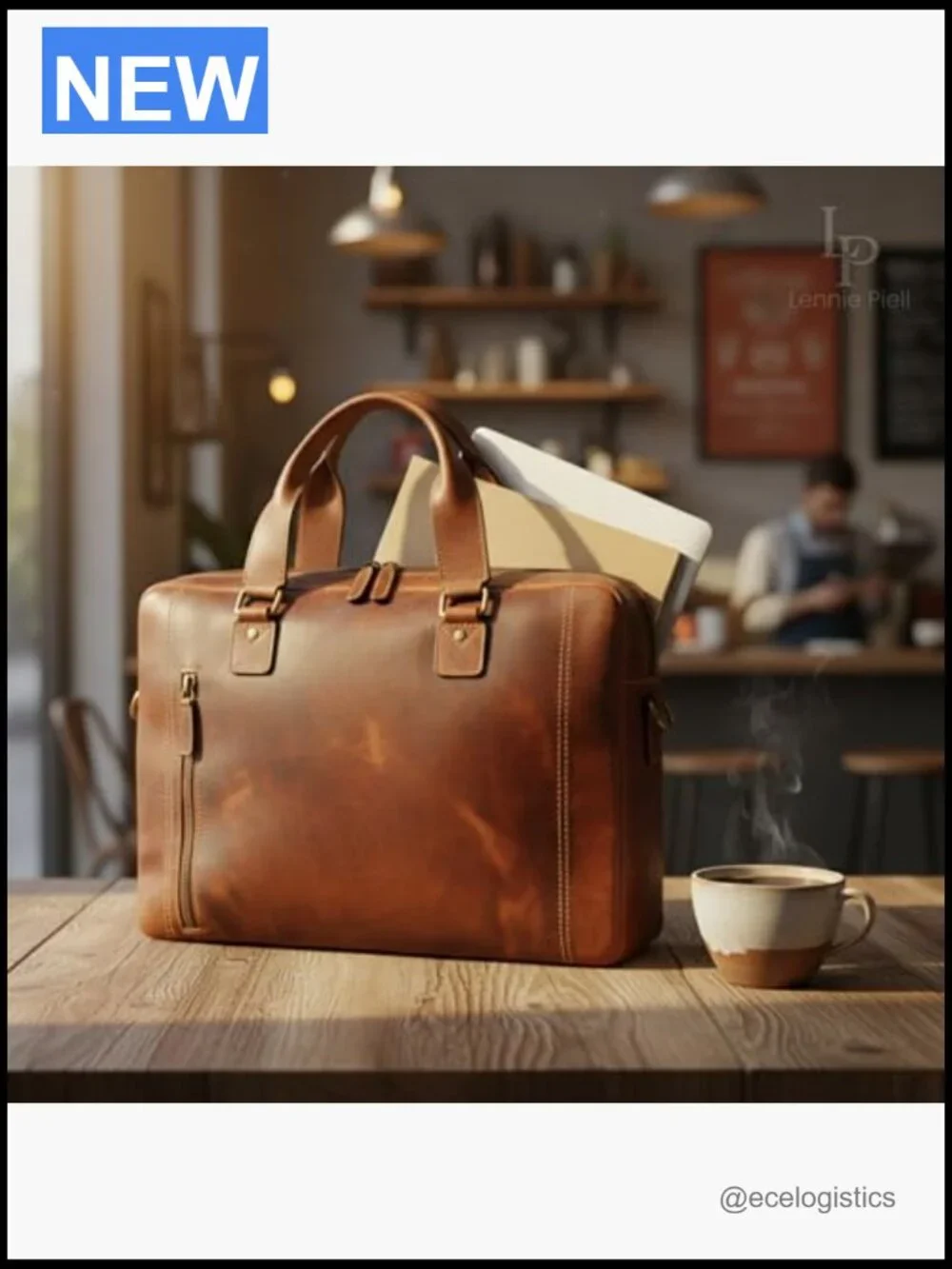 Full Grain Leather Messenger Bag - Twin Compartment Laptop Briefcase Satchel